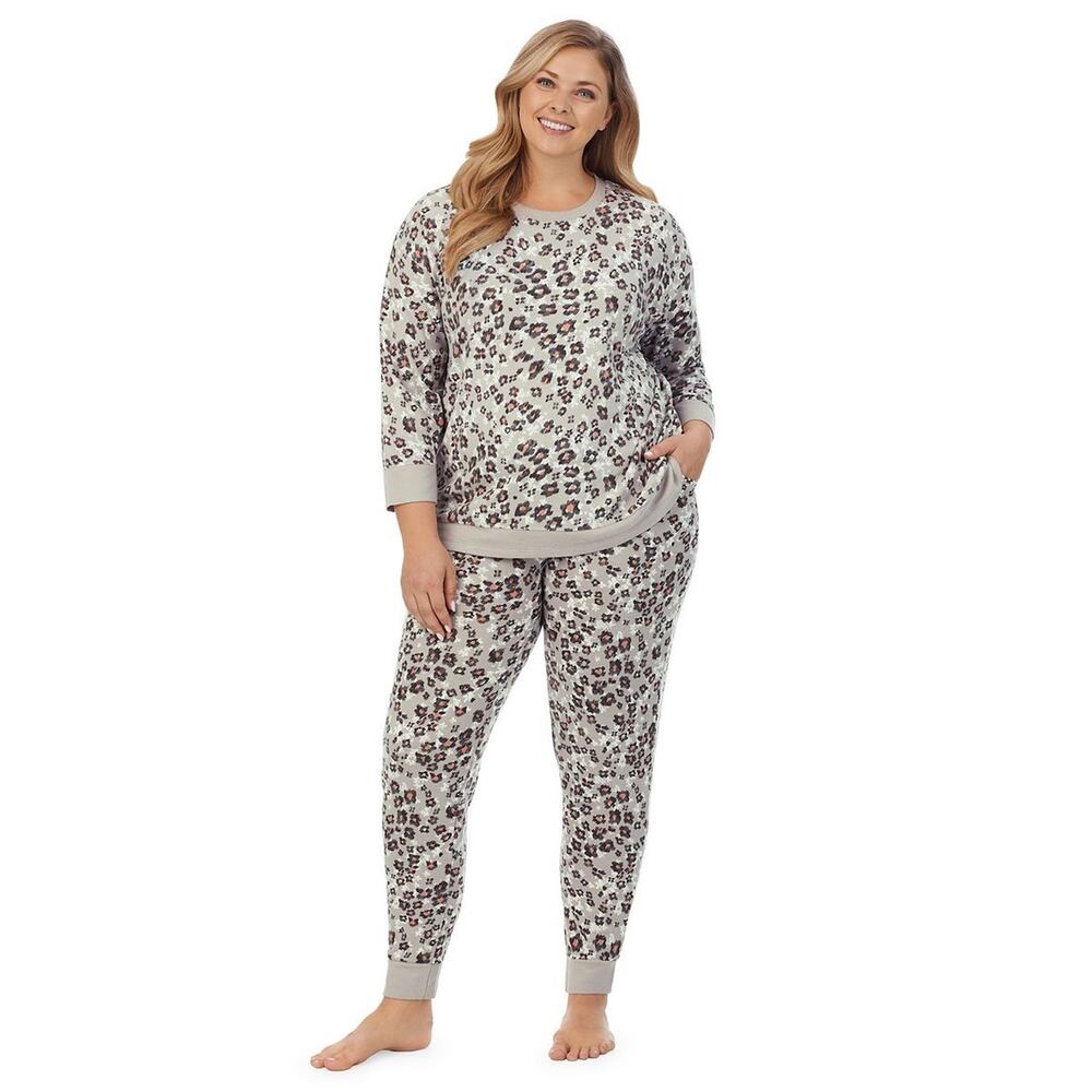 Cuddl Duds Sweater Knit 3/4 Sleeve Pajama Top Pants Pockets Gray Animal XXL